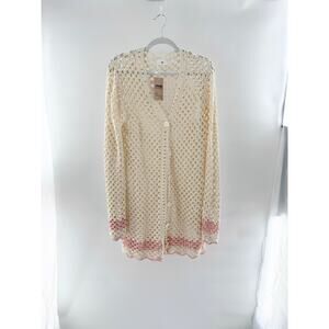 LPA Long Sleeve Crochet Knit Cover Up Cream Pink Trim Women's Size Medium